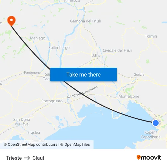 Trieste to Claut map