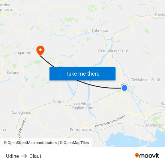Udine to Claut map