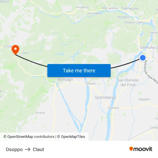 Osoppo to Claut map