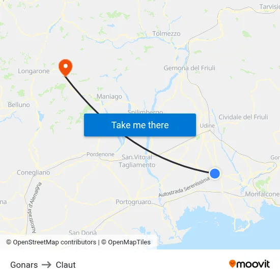Gonars to Claut map