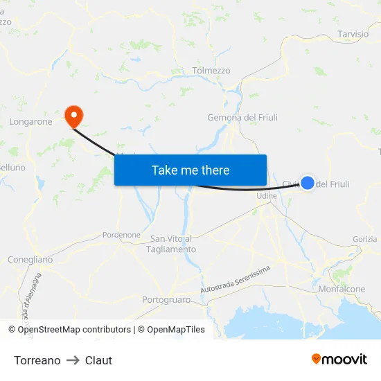 Torreano to Claut map