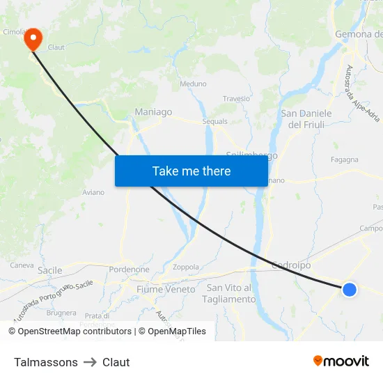 Talmassons to Claut map