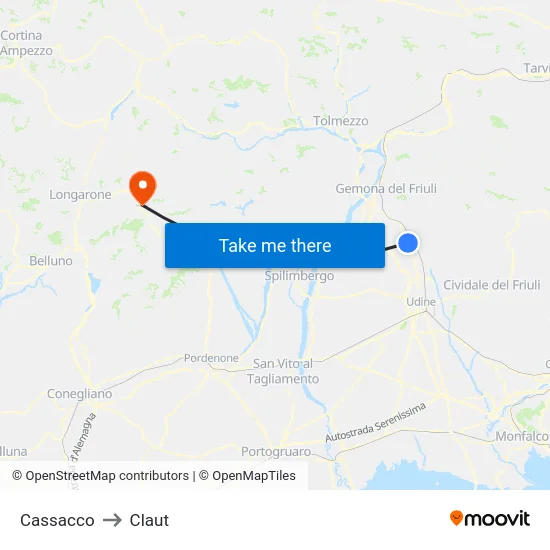 Cassacco to Claut map