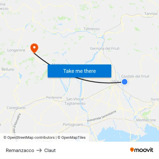 Remanzacco to Claut map