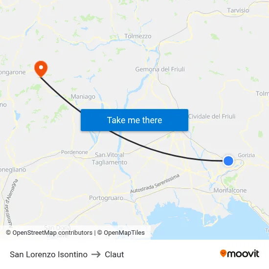 San Lorenzo Isontino to Claut map