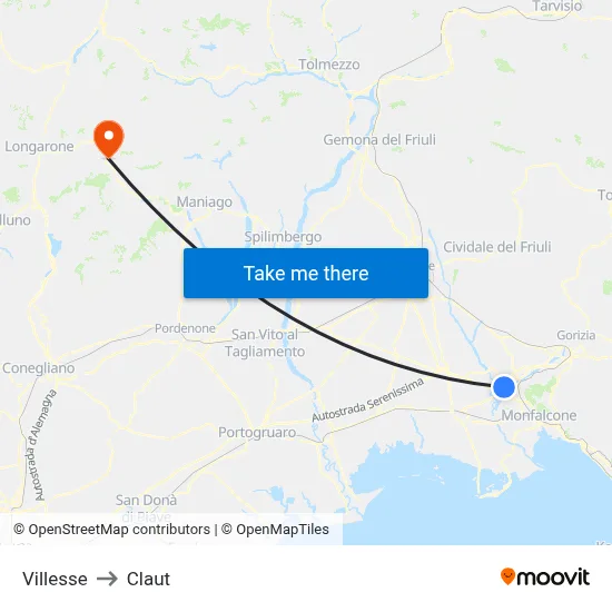 Villesse to Claut map