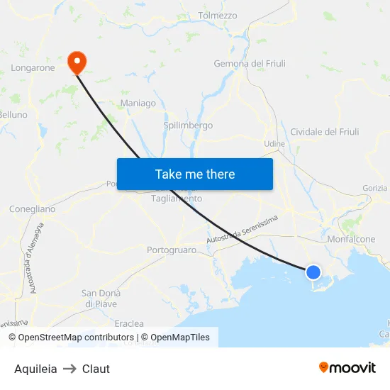 Aquileia to Claut map