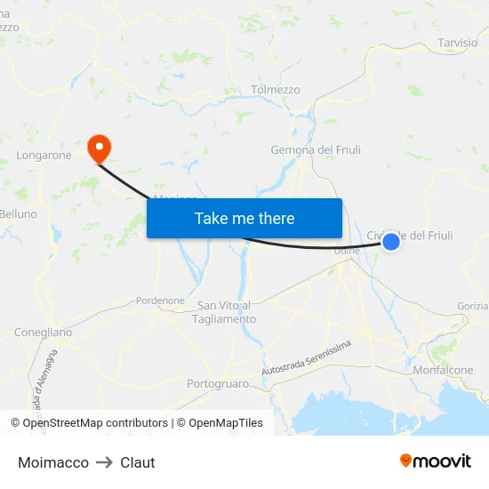 Moimacco to Claut map