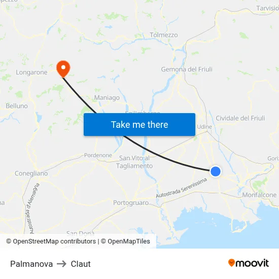 Palmanova to Claut map