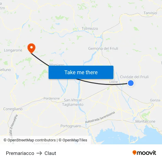 Premariacco to Claut map