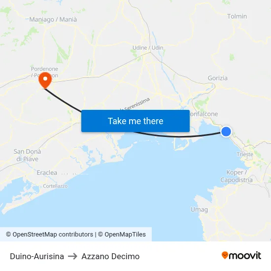 Duino-Aurisina to Azzano Decimo map