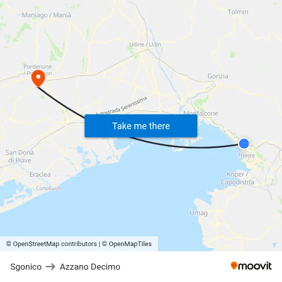 Sgonico to Azzano Decimo map