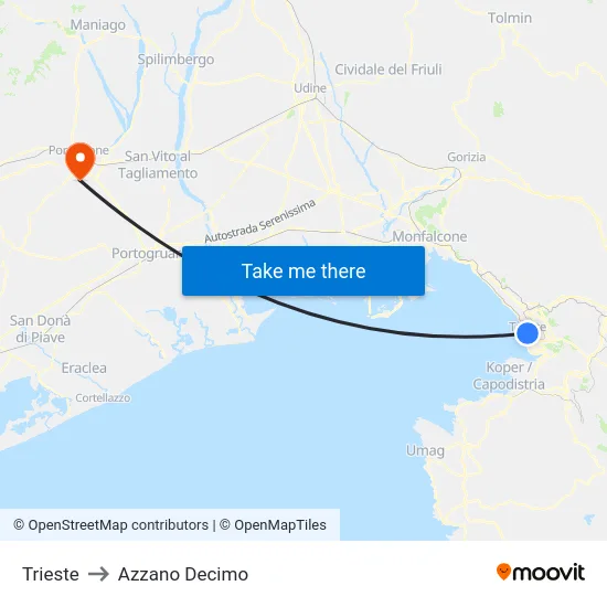 Trieste to Azzano Decimo map