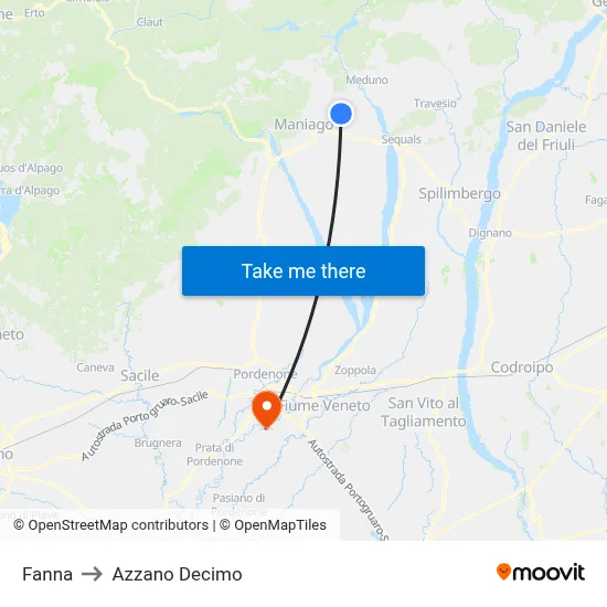 Fanna to Azzano Decimo map
