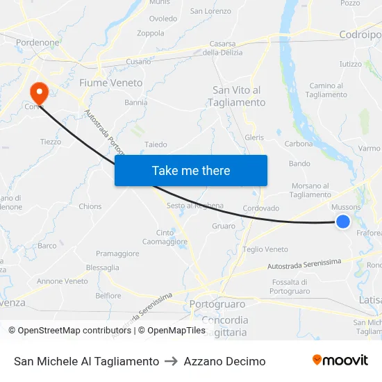 San Michele Al Tagliamento to Azzano Decimo map