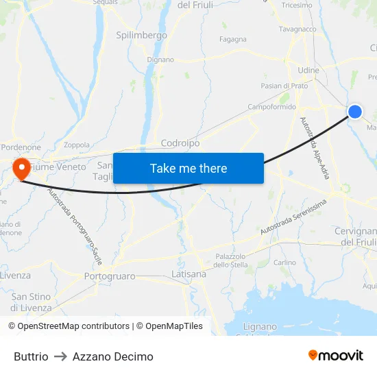 Buttrio to Azzano Decimo map