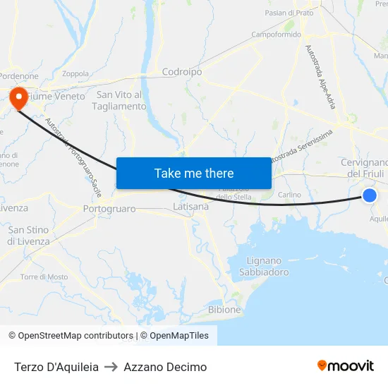 Terzo D'Aquileia to Azzano Decimo map