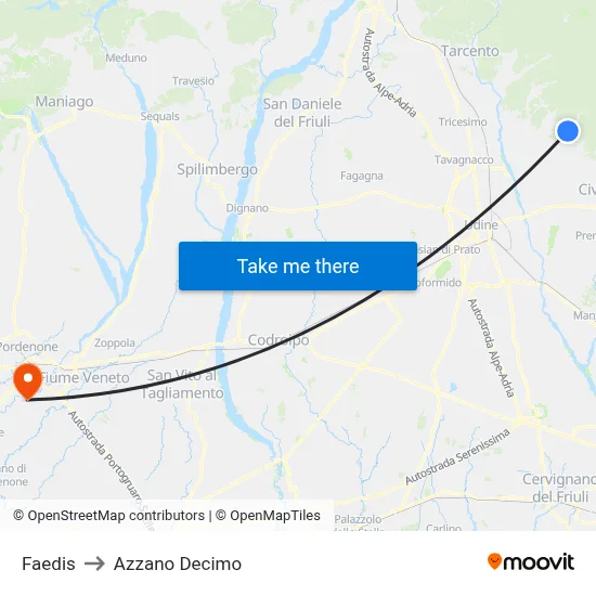 Faedis to Azzano Decimo map