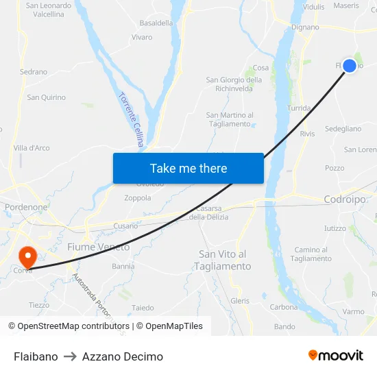 Flaibano to Azzano Decimo map
