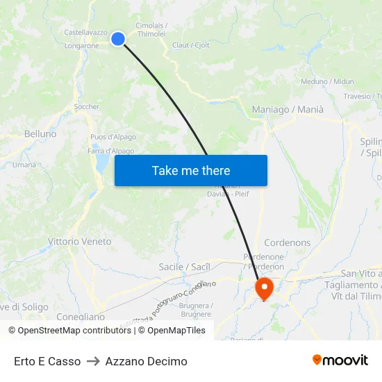 Erto e Casso to Azzano Decimo map