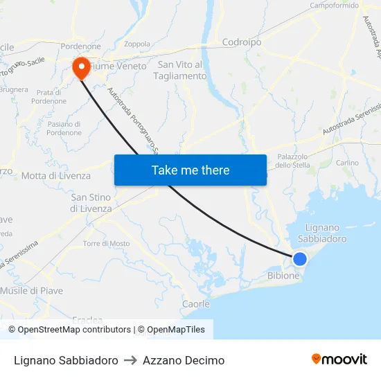 Lignano Sabbiadoro to Azzano Decimo map