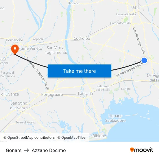 Gonars to Azzano Decimo map