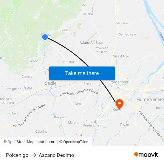 Polcenigo to Azzano Decimo map