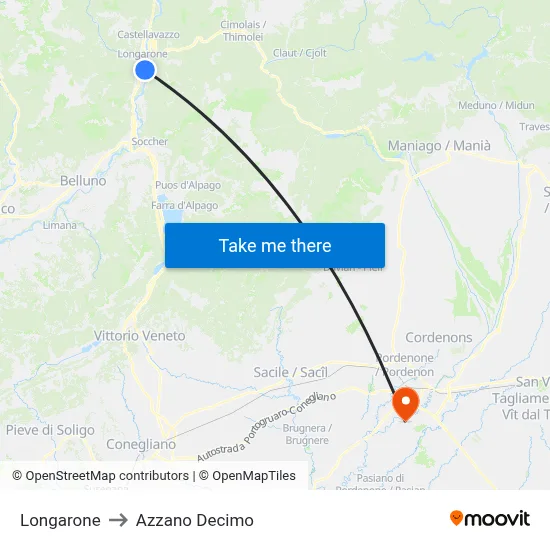 Longarone to Azzano Decimo map