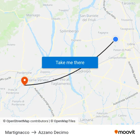Martignacco to Azzano Decimo map