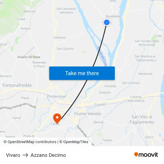 Vivaro to Azzano Decimo map