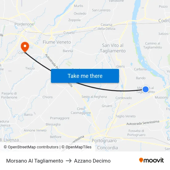 Morsano Al Tagliamento to Azzano Decimo map
