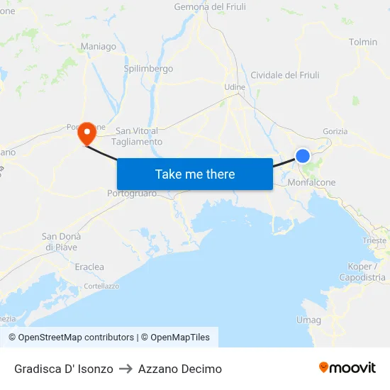 Gradisca D' Isonzo to Azzano Decimo map