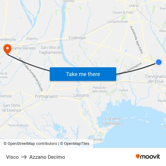 Visco to Azzano Decimo map