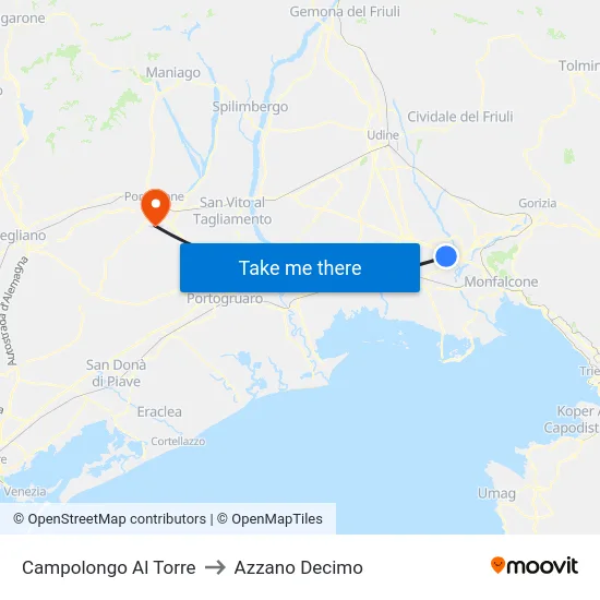 Campolongo Al Torre to Azzano Decimo map