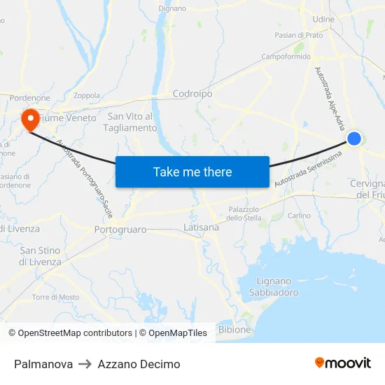 Palmanova to Azzano Decimo map
