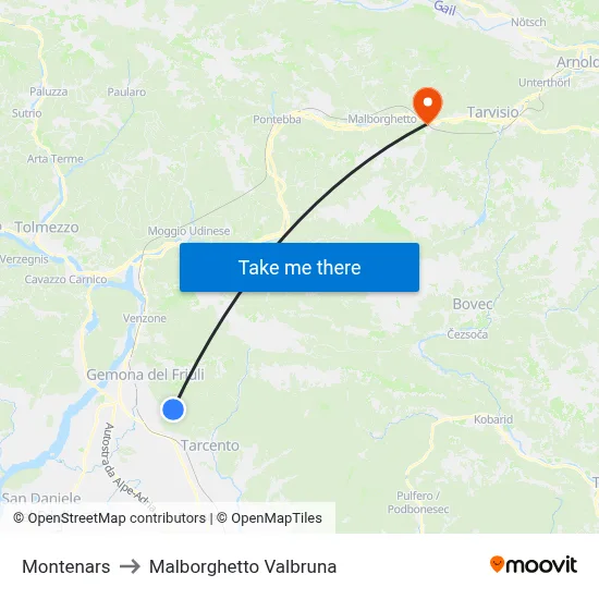 Montenars to Malborghetto Valbruna map