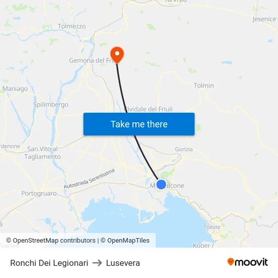 Ronchi Dei Legionari to Lusevera map