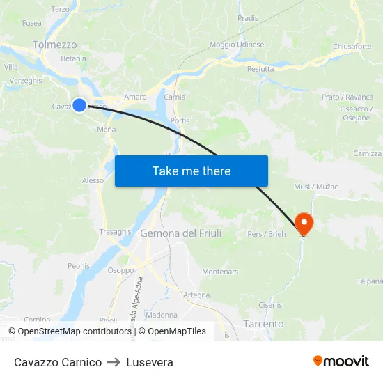 Cavazzo Carnico to Lusevera map