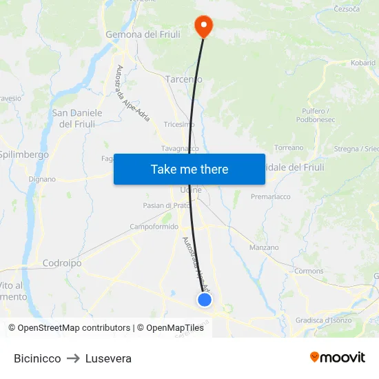 Bicinicco to Lusevera map