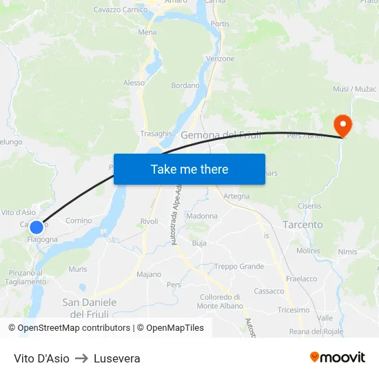 Vito D'Asio to Lusevera map