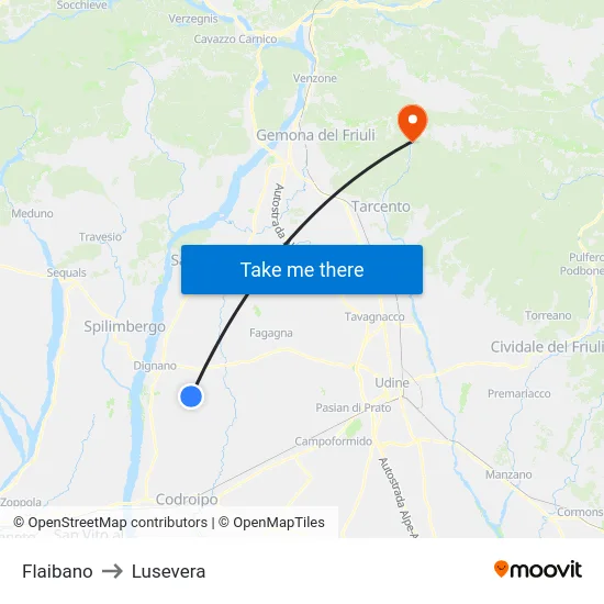 Flaibano to Lusevera map