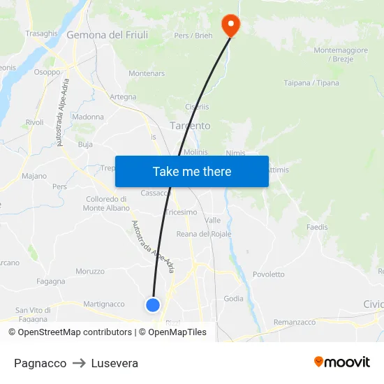 Pagnacco to Lusevera map