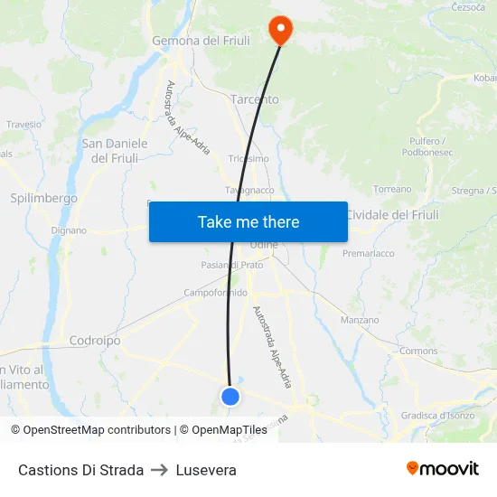 Castions di Strada to Lusevera map