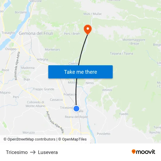 Tricesimo to Lusevera map