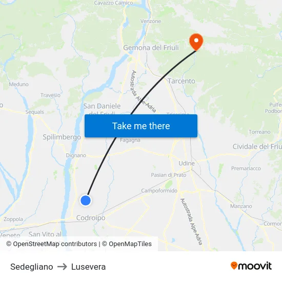 Sedegliano to Lusevera map