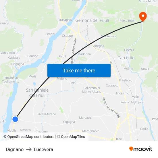 Dignano to Lusevera map