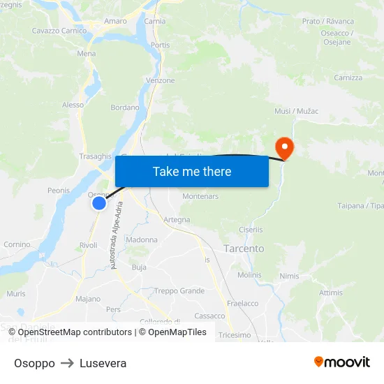 Osoppo to Lusevera map