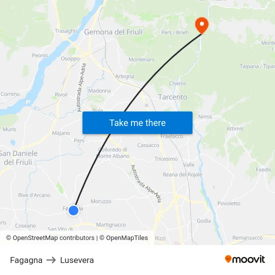Fagagna to Lusevera map