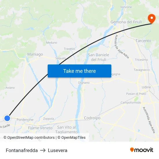 Fontanafredda to Lusevera map