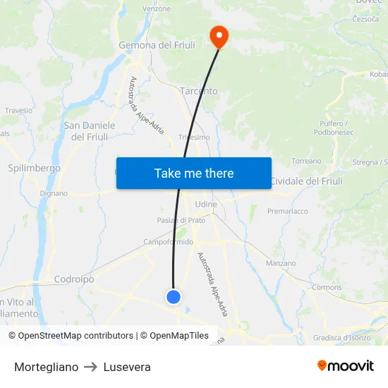 Mortegliano to Lusevera map